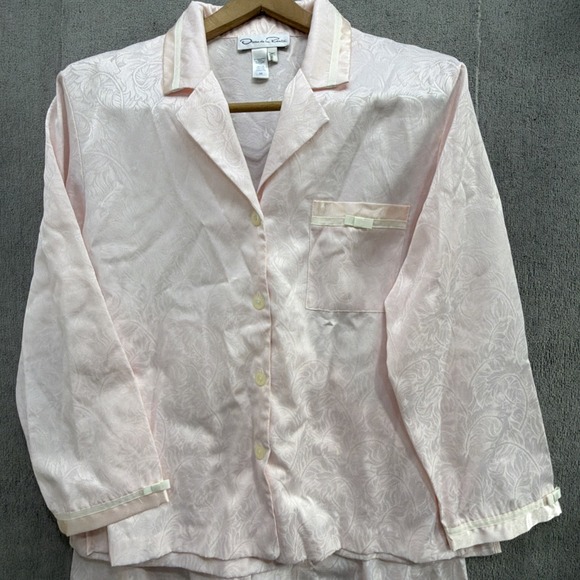 Oscar de la Renta Pink Satin Pajama Set Vintage 90s Jacquard Medium - Picture 5 of 13
